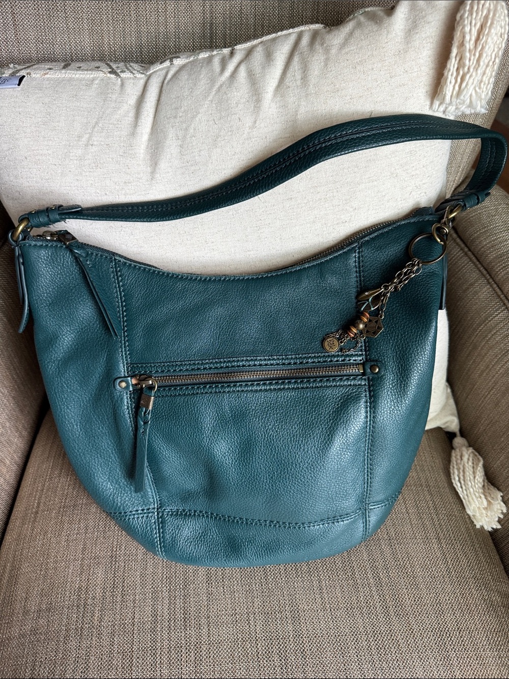 The Sak Sequoia Teal Leather Shoulder Hobo with Chain Charm